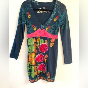 Desigual navy blue floral super fun embroidered dress size small